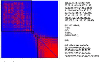Figure 6: The cumulative edge matrix R, with blocks of highly correlatedelectrodes indicated.