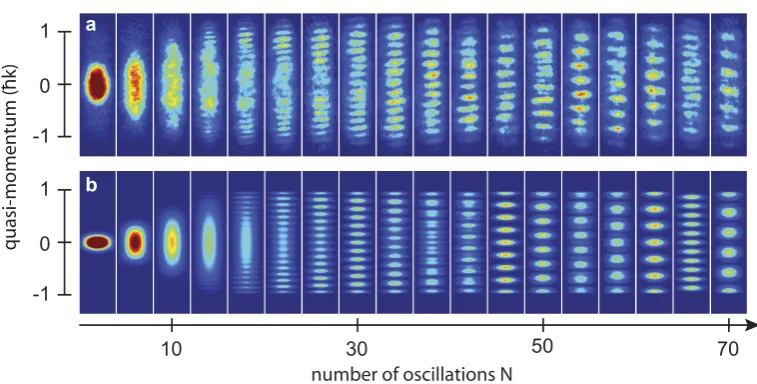 Figure 2. Interaction-induced macroscopic matter-wave interference. (a) Experi-formental results showing the quasi-momentum distribution as a function ofevolution time τ given in units of the Bloch period