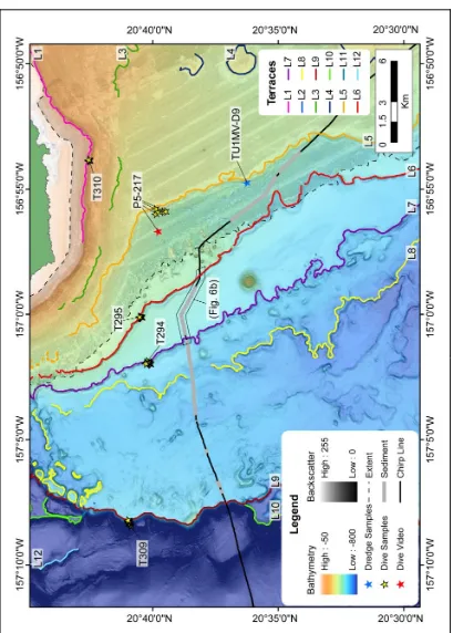 Figure 2.3:  Expanded section of Figure 2.1 – the Southern region An expanded section of Figure 2.1 exhibiting Chirp seismic navigation line displayed as a black line with the location of sediment packages on the reef-flat identified by the grey colouring 