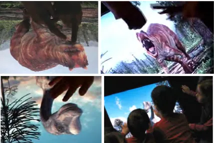 Figure 6. Acting towards the screen. (a, b) Pointing at Allosaurus’ mouth, two boys repeat: ‘bite me, bite me’