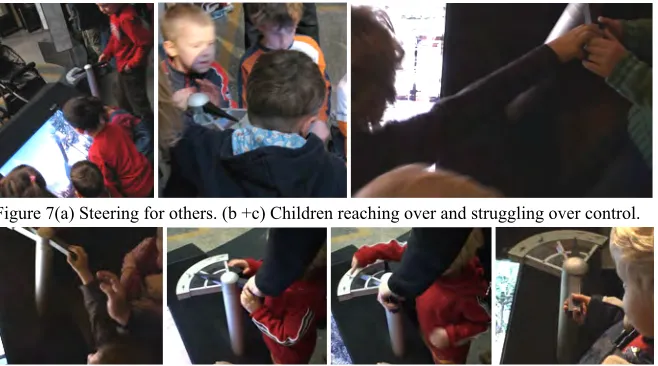 Figure 7(a) Steering for others. (b +c) Children reaching over and struggling over control