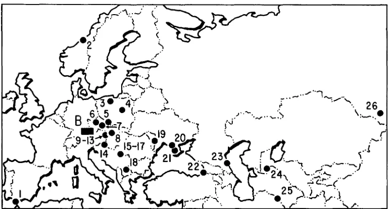 FIGURE 1.-Map showing collecting localities for mice, as numbered in  Table encompasses 1