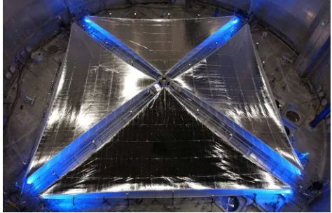 Fig. 4Completed deployment test of a 20 × 20 m solarsail to assess the use of storable booms and thinﬁlm reﬂectors (NASA)