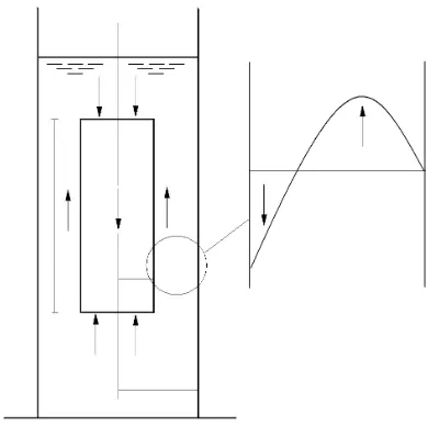 Fig. 6. Falling cylinder and velocity profile in the gap. Note the  downwards movement of the sinker with the upward displacement of the liquid 