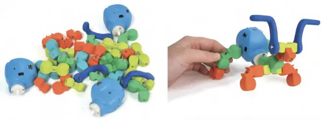 Fig. 4.2 Topobo [196] consists of connectible movable parts that are attached to an “active”joint (the slightly bigger, blue part) that can record and replay motion of attached parts(images from http://www.topobo.com/topobo-hires/index.html courtesy: Hayes Raﬄe).