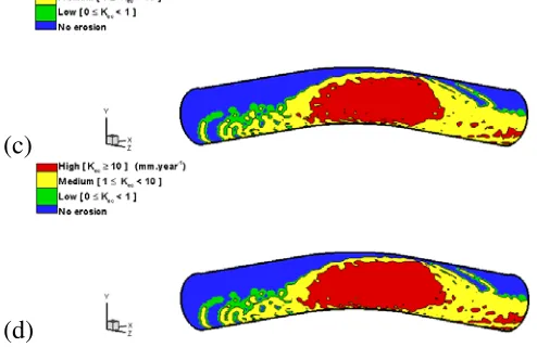 Figure 3: Wastage maps on the outer surface of Fe pipe bend at pH=7 and E= -0.6 [V] (SCE) for particle mass flow rates: (a) 0.957 (b) 1.9169 (c) 2.87 (d) 3.8276 [kg s-1]