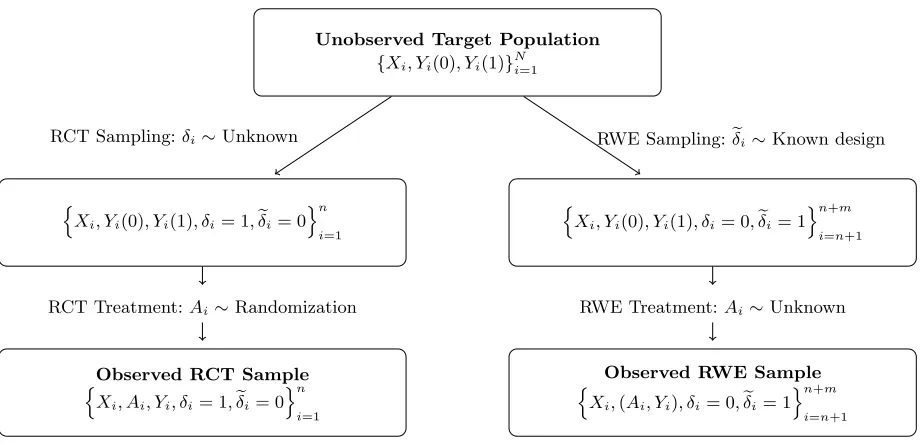 Figure 3.1 Demonstration of the sampling and treatment assignment regimes for the RCT and RWEsamples within the target population.