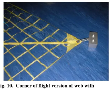 Fig. 8.  The 0.6×0.6 m2 fishing line test web fully deployed by hand (air-hockey pucks represent corner masses)