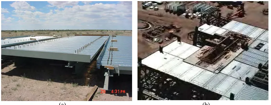 Figure 1. Modular Composite Floor Panels: (a) In Construction Lay-Down Area and (b) Final Installation   