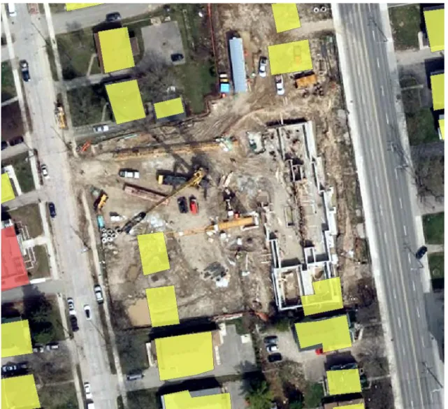 Figure 4.1: Aerial imagery showing newly developed apartment complex while polygons show  houses once present at that location