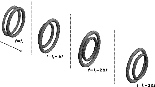 Fig. 1. Interaction between a pair of axially aligned vortex rings showing their mutually induced leap-frogging motion (schematic).