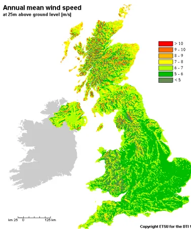 Fig. 1: annual average wind speeds in the UK [2] 