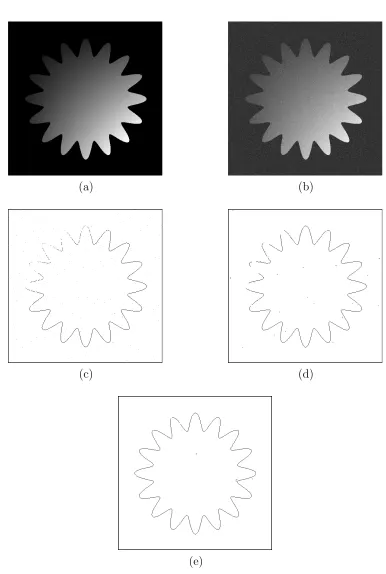 Figure 3.9:Results of edge detection methods. From (a) to (e): (a) Original image,(b) noisy image (PSNR=24(FOM=0.61 dB), (c) Sobel result (FOM=0.79), (d) wavelet result.88), (e) shearlet result (FOM=0.92).58