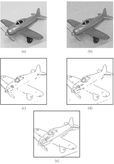 Figure 3.10:Results of edge detection methods. From (a) to (e): (a) Original image,(b) noisy image (PSNR=24.58 dB), (c) Sobel result (FOM=0.54), (d) wavelet result(FOM=0.84), and (e) shearlet result (FOM=0.94)