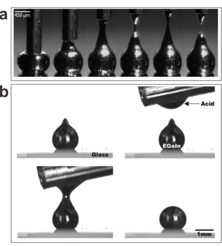 Figure 1.1 Oxide skin on liquid metal particle. a) The oxide skin helps maintain liquid metals as non-spherical structures