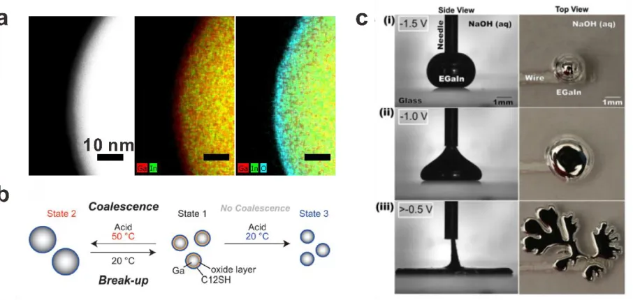 Figure 1.3 Attributes of liquid metal particles. a) Core-shell structure of liquid metal particles with a liquid core and oxide shell