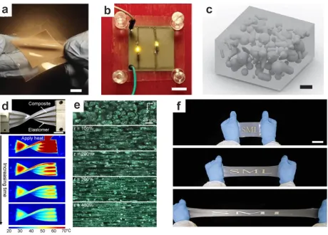 Figure 1.7 Composite of liquid metal particles and elastomer. a) Image of soft, flexible and stretchable liquid metal elastomer composite