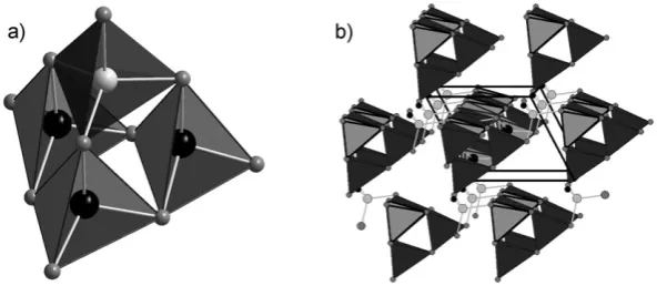 Fig. 5The framework structure of [Zn(Hhedral units (a) composed of ZnSerespectively. These units (b) are linked to form chains along the [100] direction of the unit cell.2O)4][Zn2Sn3Se9(MeNH2)] is built up from tetra-4 and SnSe4 represented as grey and black tetrahedra,44