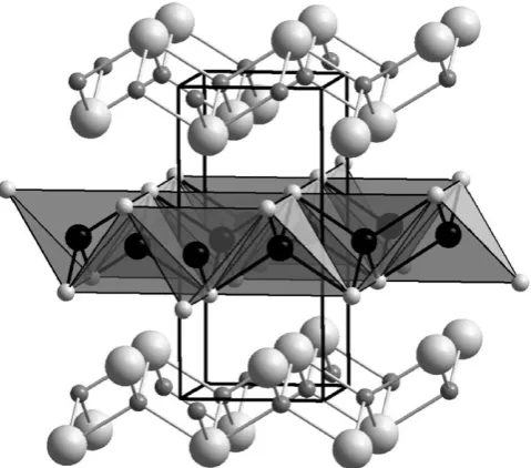Fig. 3The crystal structure of LaOFeAs contains a layer of edge sharing FeAsgrey tetrahedra