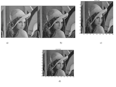 Fig. 4   a) Original   b) Fig. 5 Noisy image (σ =20dB)       c) .Denoised image (σ =20dB) , PSNR =28.99dB,MMSE Method             d)  Denoised image (σ =20dB)  ,PSNR =30.34dB, Modified   stochastic Method(Our Method) 