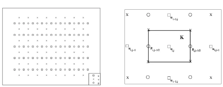 Figure 1. (a) Staggered grid, (b) a cell K corresponding to theﬁrst velocity component u.