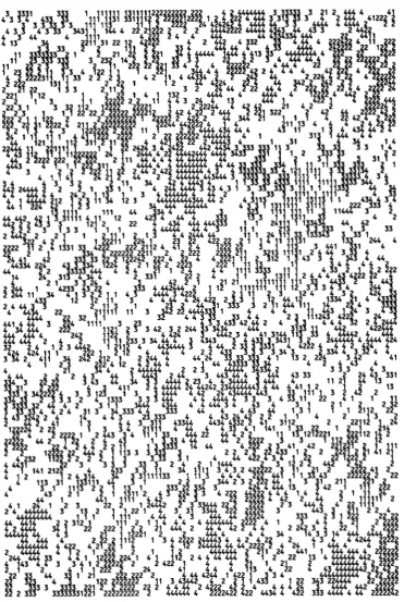 FIGURE 1.-Spatial  distributions 200. of the four double  homozygotes (Nos. 1-4) for  one  simulation  run of set 1, at  generation Blank spaces represent  other  genotypes