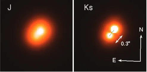Figure 3. J and Ks Palomar adaptive optics images of Kepler-14, showing a 2′′ × 2′′ ﬁeld of view centered on the brighter star.(A color version of this ﬁgure is available in the online journal.)