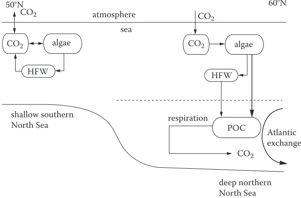 Figure 9 south-north section through the North sea. in the shallower southern region production and respi-ration processes occur throughout the mixed water column whereas in the deeper northern North sea seasonal stratification separates the production and