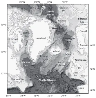 Figure 4 (see colour insert.) General bathymetry of the north-eastern Atlantic. Np indicates North pole.