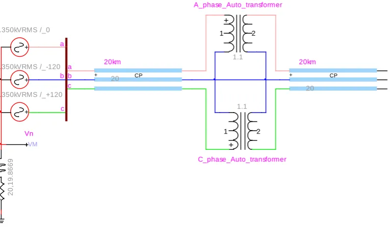 Figure 5.8 EMTP Representation of the simple system with an open-delta voltage regulator
