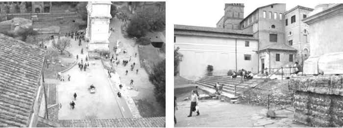 Figure 4:  a) View of the SW corner of the platform  b) The foundations of the Arch of Titus to the right 