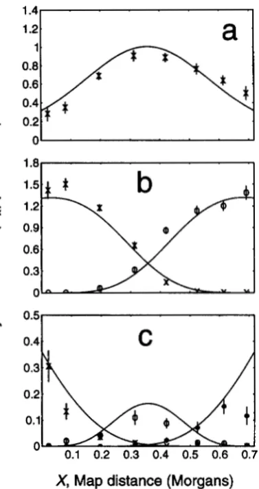FIGURE 2.-Distributions of exchanges in tetrads of Dro- sophila with one  (a) tively (ranks  1,2,  and , two (b)  or three (c) exchanges, respec- 3, respectively), as a  function of linkage 
