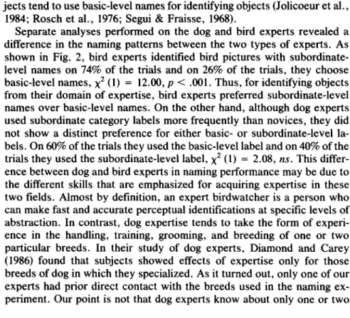 FIG. 2.  Percentage of  pictures  identified  with  subordinate-level  and basic-level  names as  a function  of  knowledge  domain  (expert  and novice)  and expert  type  (dog experts  and bird  experts)