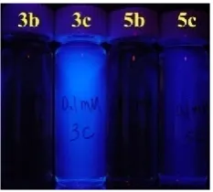 Figure 2. Photograph of solutions of 0.1mM 3b, 3c, 5b, and 5c under UV light. 