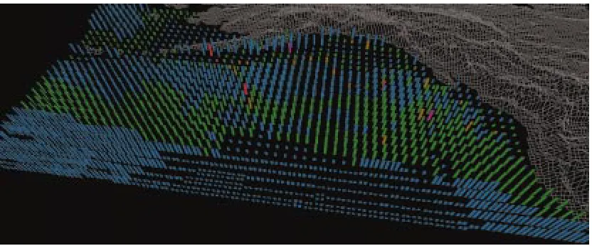 Figure 2.2: Visualization of the oceanography datasets, color used to represent plankton density (blue, green,brown, red, and purple represent lowest to highest densities), height used to represent current strength, texturedensity used to represent SST: February, 1956.
