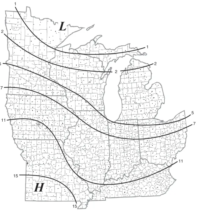 Figure 2-4. Annual average number of cloud-to-ground lightning flashes per square mile, 1986-2000 (Changnon, 2001c).