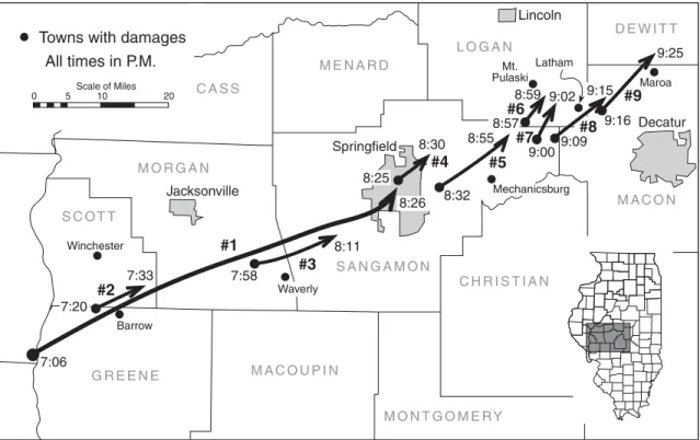 Figure 4-1. Tracks of a series of damaging tornadoes on March 12, 2006.