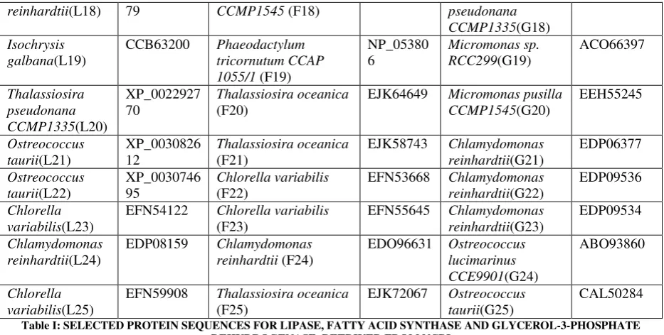 Table I: SELECTED PROTEIN SEQUENCES FOR LIPASE, FATTY ACID SYNTHASE AND GLYCEROL-3-PHOSPHATE DEHYDROGENASE  RETRIVED FROM NCBI 