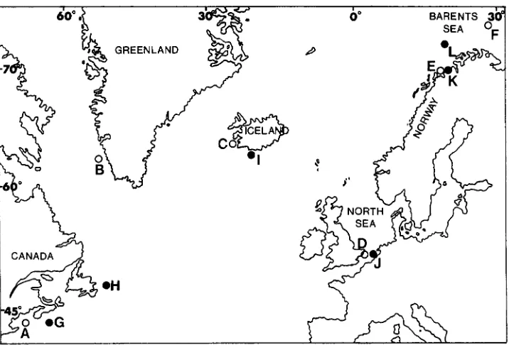 FIGURE 1.-Locations of cod populations  sampled throughout  the  north Atlantic Ocean