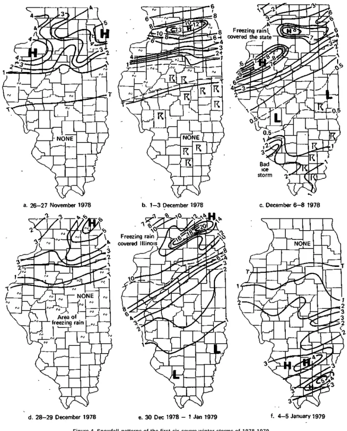 Figure 4. Snowfall patterns of the first six severe winter storms of 1978-1979 