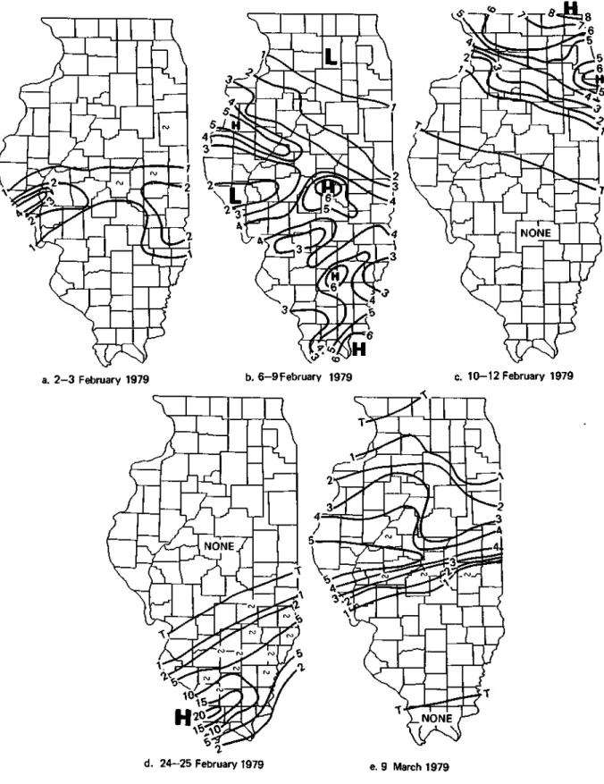 Figure 6. Snowfall patterns of the last five severe winter storms of 1978-1979 