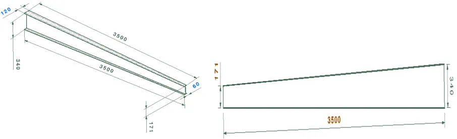 Figure 1: Isometric wing box model &  Dimensions of wing top and bottom skin. 