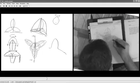 Figure 5: Two synchronised videos, left, sketches taken from the digital notepad and, right, videorecording of hand movements