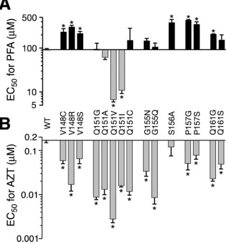 FIG. 4. Susceptibilities of motif B mutants to 3TC (A) and AZT (B). Concentrations of nucleoside analog required to inhibit Lac�ceptibility, respectively