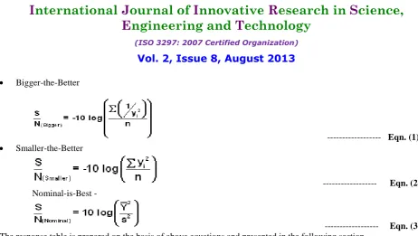 Table V shows response table and calculated S/N ratios for experimental orthogonal array