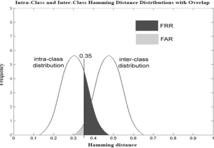 Fig. 7 False Accept and False Reject Rates for two distributions with a separation Hamming distance of 0.35