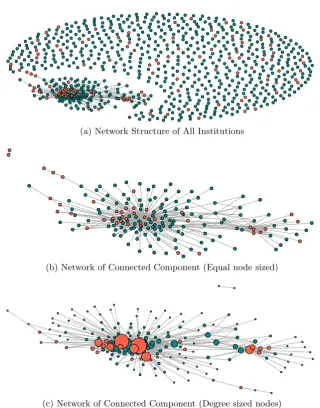 Figure 3: Latent factor graph of participants in a P2P lending platform. (3a() shows both connected andnon-connected participants in a P2P system, (3b) shows the connected component with equal sized nodes, and3c) shows connected component where the size of