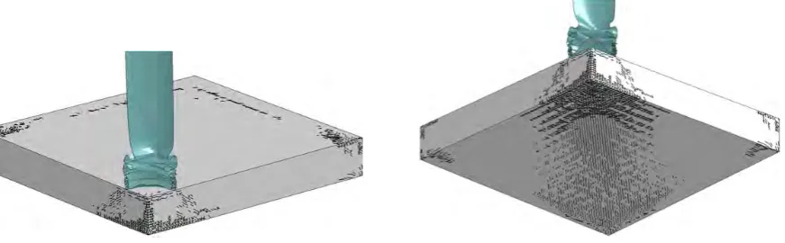 Figure 5. Crack pattern (left: top, right: bottom) with deformed missile after 100 ms (Kleemann , 2012)  
