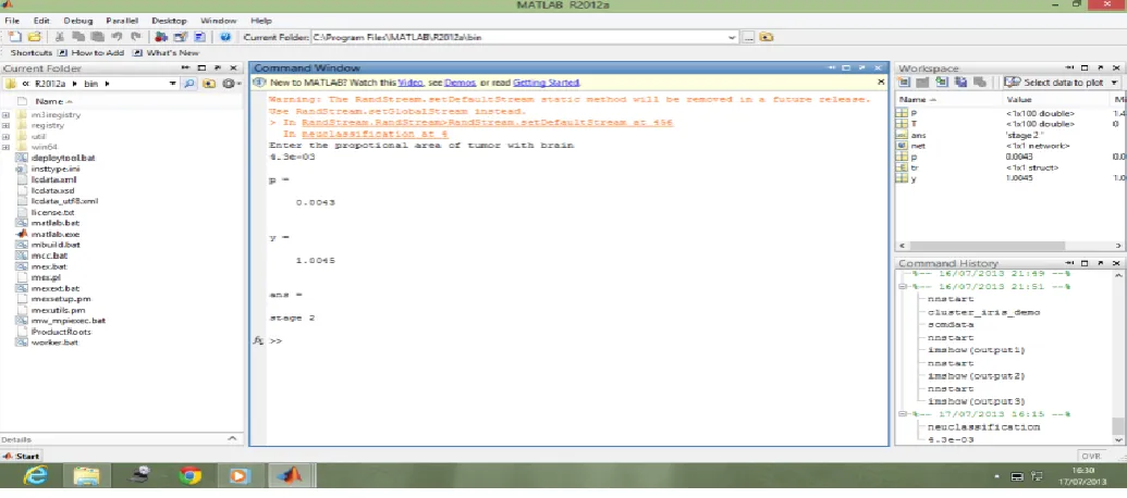 Fig. 8 command window to enter value of prop area & to display tumor stage 