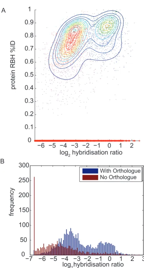 Figure 2. Scatterplot of RBH sequence identity and CDS countagainst hybridisation ratio.and A) Scatterplot of putative orthologue(RBH) protein sequence identity against log-transformed probehybridisation ratio for Dda3937 gDNA cohybridised with Pba1043refe
